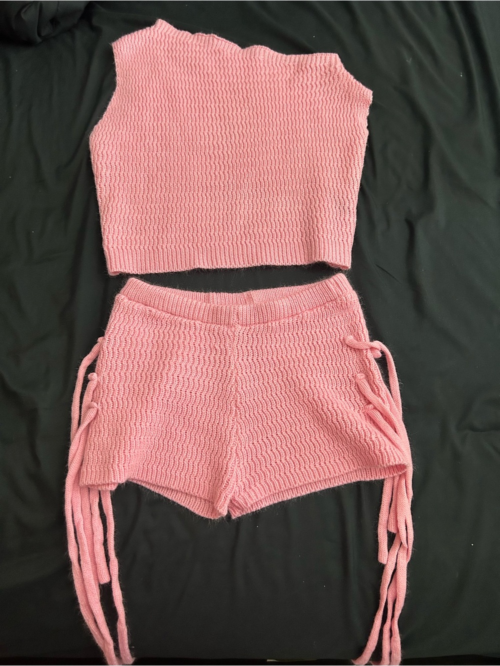 Pink Knit Cropped Tank & Lace-Up Shorts Set